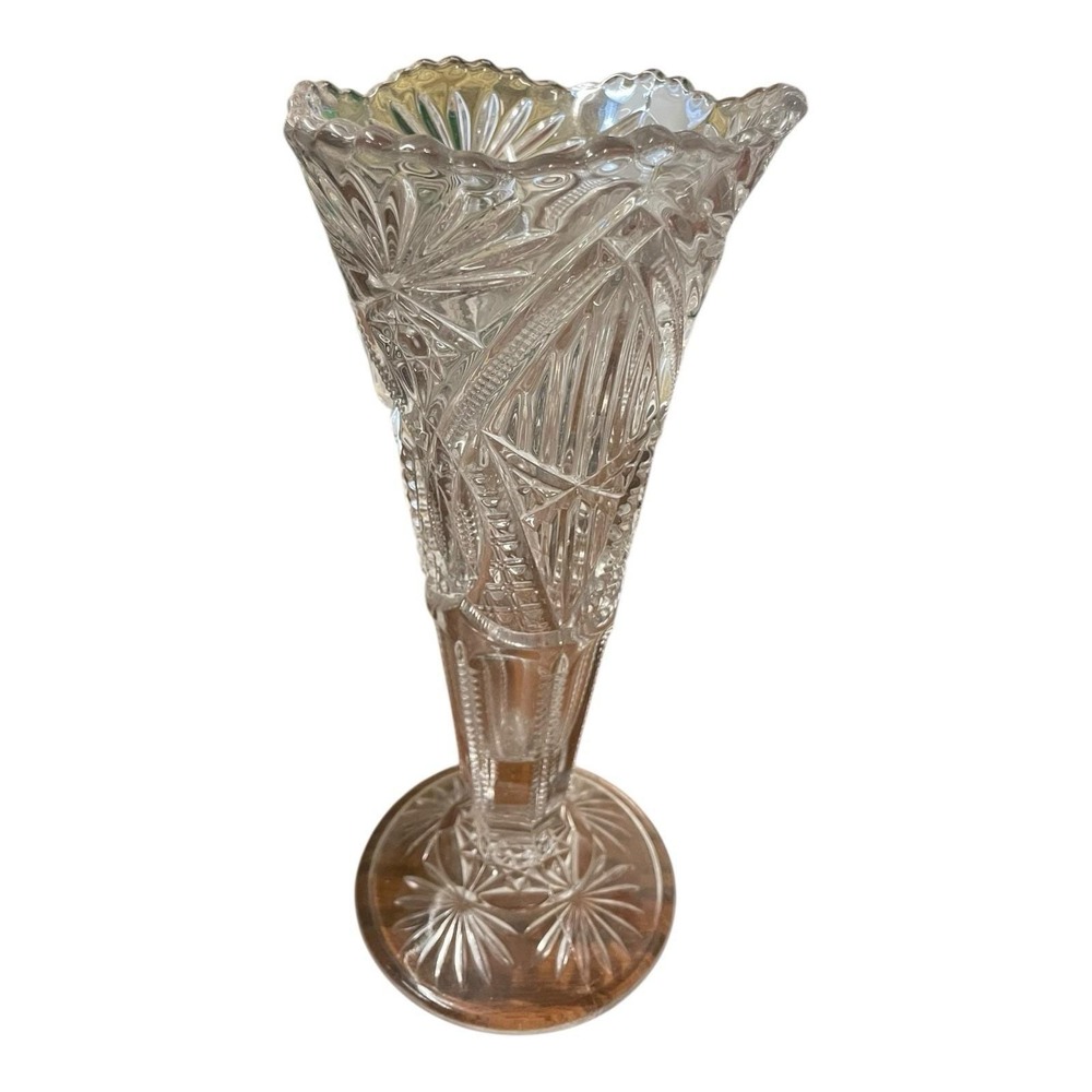 Antique Victorian‎ Pressed Glass Trumpet Vase Star Fan Diamond Pattern Pedestal